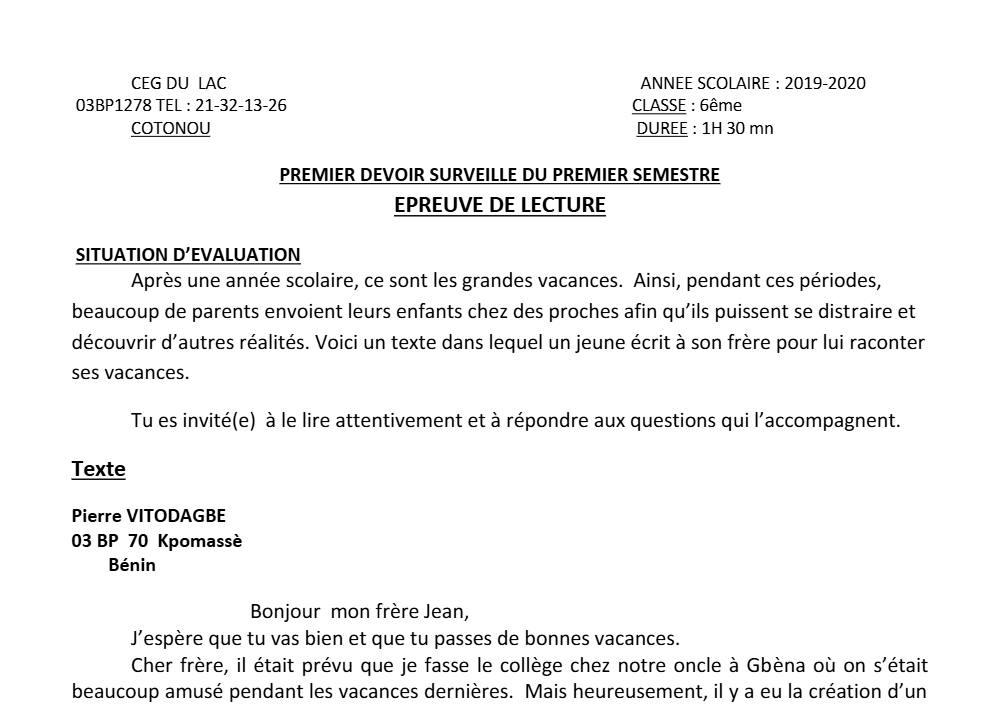 Aperçu de la première page — Lecture 6e Devoir 1 Semestre 1 CEG du Lac 2019 2020
