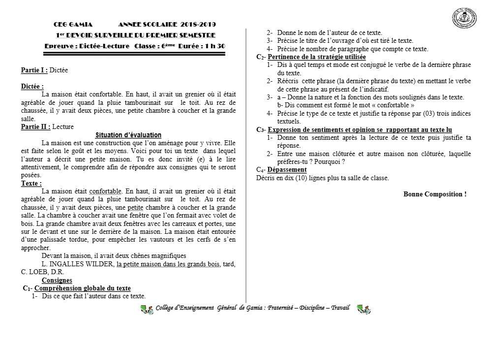 Aperçu de la première page — Lecture 6e Devoir 1 Semestre 1 CEG Gamia 2018 2019