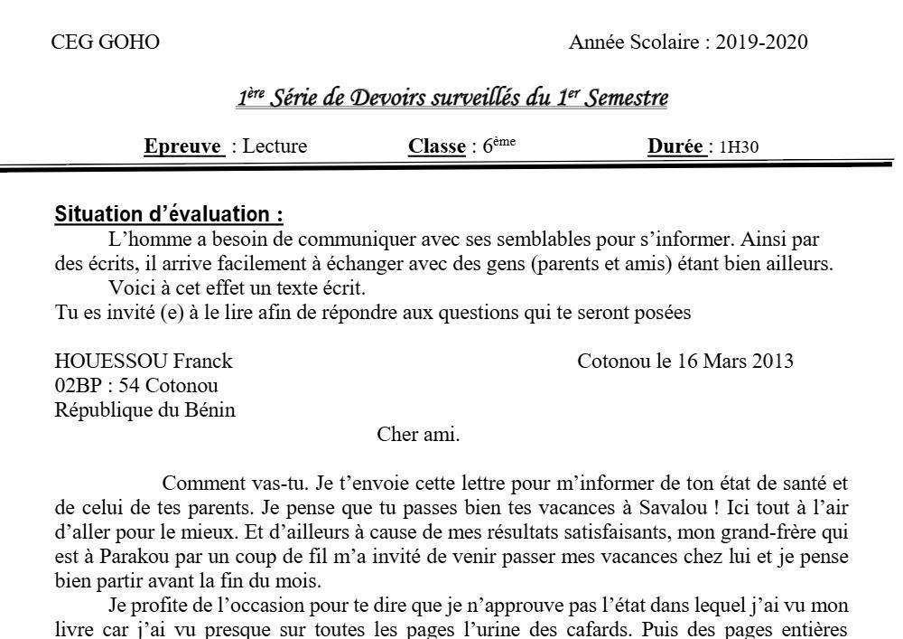 Aperçu de la première page — Lecture 6e Devoir 1 Semestre 1 CEG Goho 2018 2019