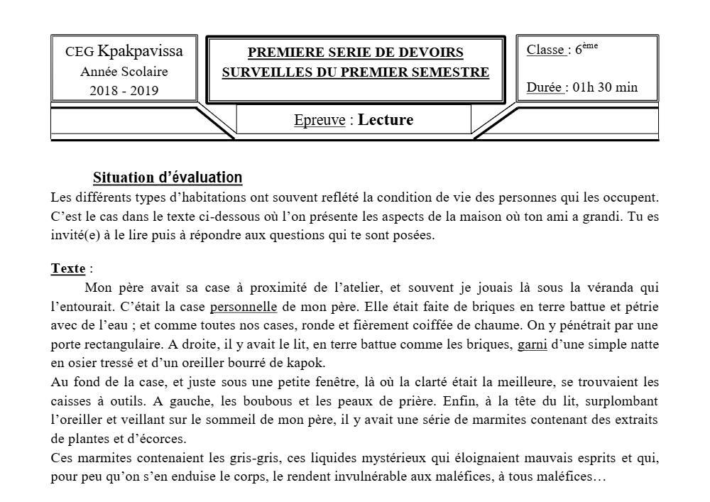 Aperçu de la première page — Lecture 6e Devoir 1 Semestre 1 CEG Kpakpavissa 2018 2019