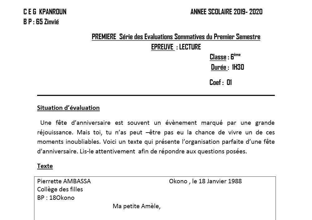 Aperçu de la première page — Lecture 6e Devoir 1 Semestre 1 CEG Kpanroun 2019 2020 (2)