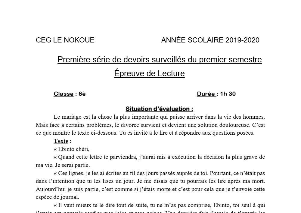 Aperçu de la première page — Lecture 6e Devoir 1 Semestre 1 CEG Le Nokoué 2019 2020
