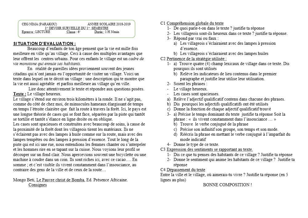 Aperçu de la première page — Lecture 6e Devoir 1 Semestre 1 CEG Nima 2018 2019