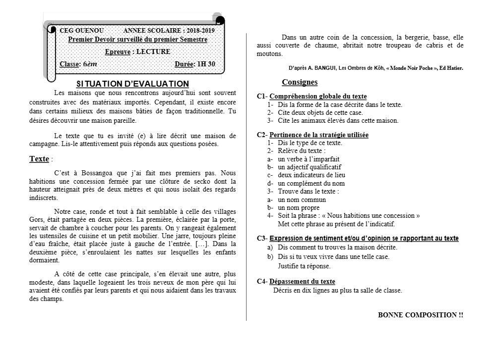 Aperçu de la première page — Lecture 6e Devoir 1 Semestre 1 CEG Ouenou 2018 2019