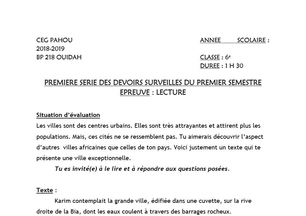 Aperçu de la première page — Lecture 6e Devoir 1 Semestre 1 CEG Pahou 2018 2019