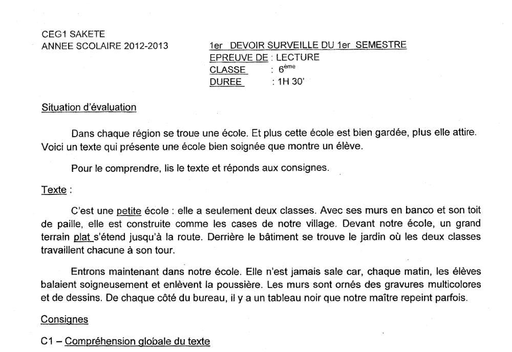 Aperçu de la première page — Lecture 6e Devoir 1 Semestre 1 CEG Sakete 2014