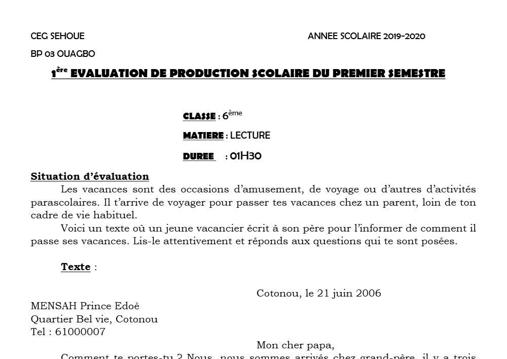 Aperçu de la première page — Lecture 6e Devoir 1 Semestre 1 CEG Sehoue 2019 2020