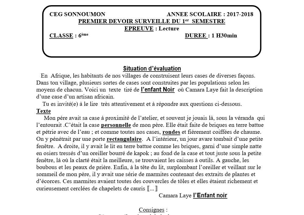 Aperçu de la première page — Lecture 6e Devoir 1 Semestre 1 CEG Sonnoumon 2018 2019