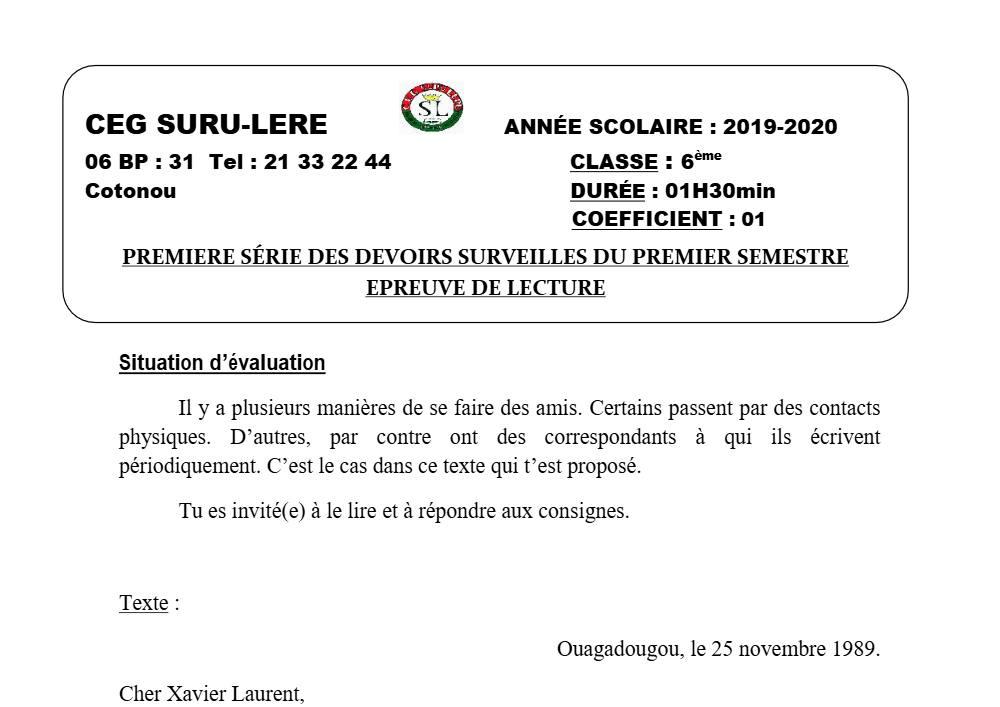 Aperçu de la première page — Lecture 6e Devoir 1 Semestre 1 CEG Suru Léré 2019 2020