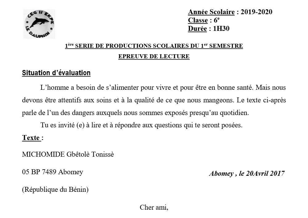 Aperçu de la première page — Lecture 6e Devoir 1 Semestre 1 CEG Sèkandji 2019 2020
