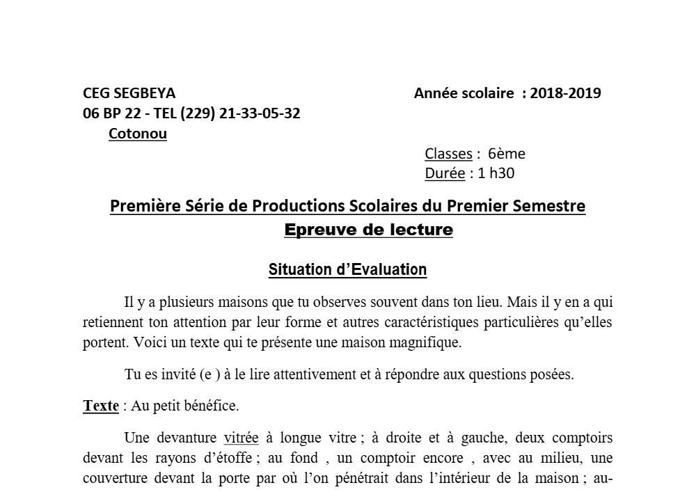 Aperçu de la première page — Lecture 6e Devoir 1 Semestre 1 CEG Ségbéya 2018 2019