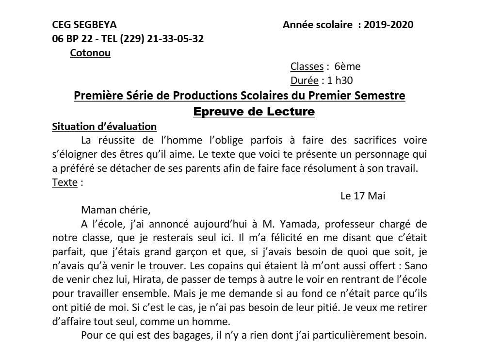 Aperçu de la première page — Lecture 6e Devoir 1 Semestre 1 CEG Ségbéya 2019 2020