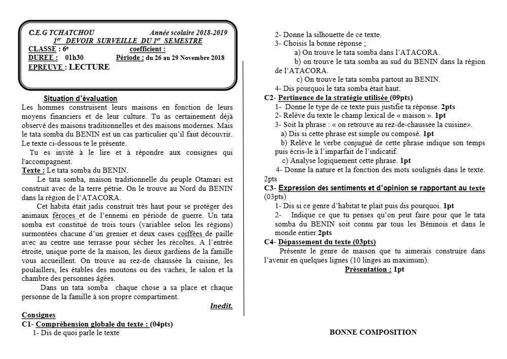 Aperçu de la première page — Lecture 6e Devoir 1 Semestre 1 CEG Tchatchou 2018 2019