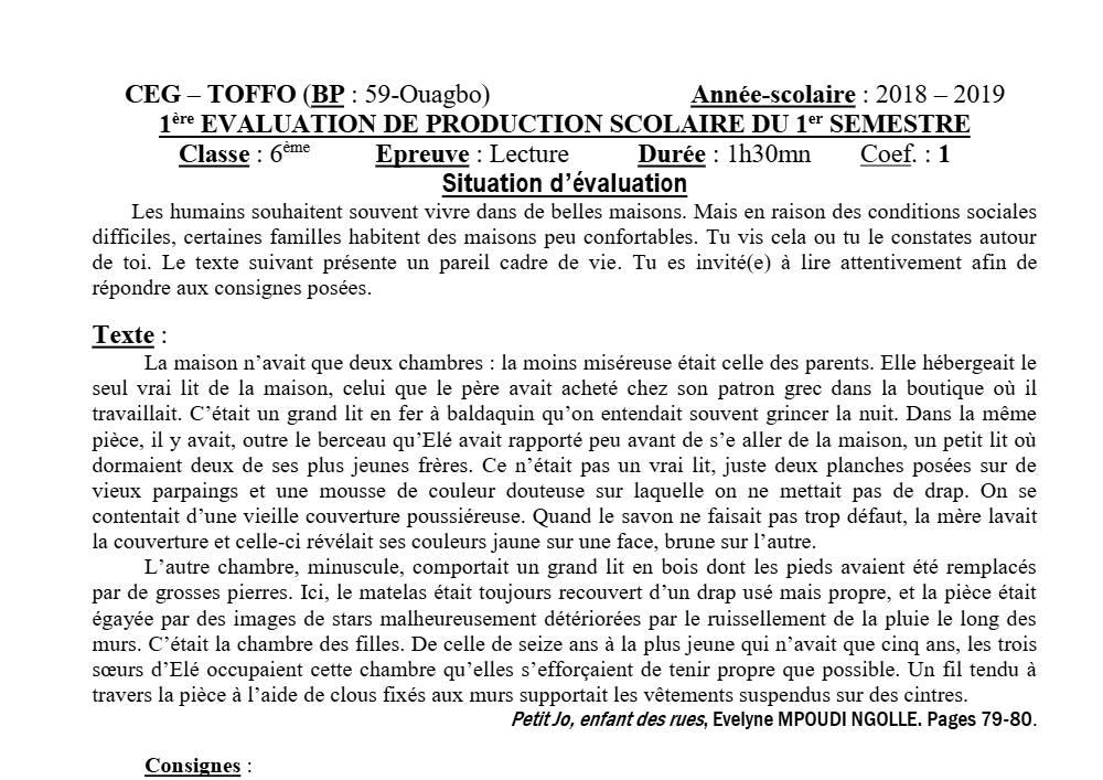 Aperçu de la première page — Lecture 6e Devoir 1 Semestre 1 CEG Toffo 2018 2019