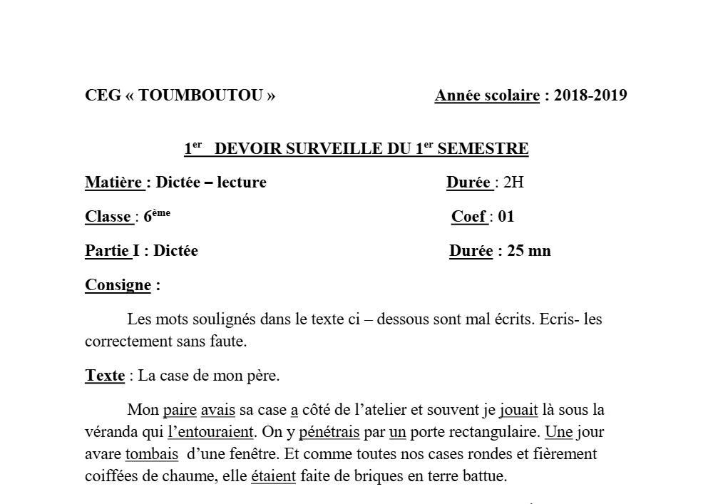 Aperçu de la première page — Lecture 6e Devoir 1 Semestre 1 CEG Toumboutou 2018 2019
