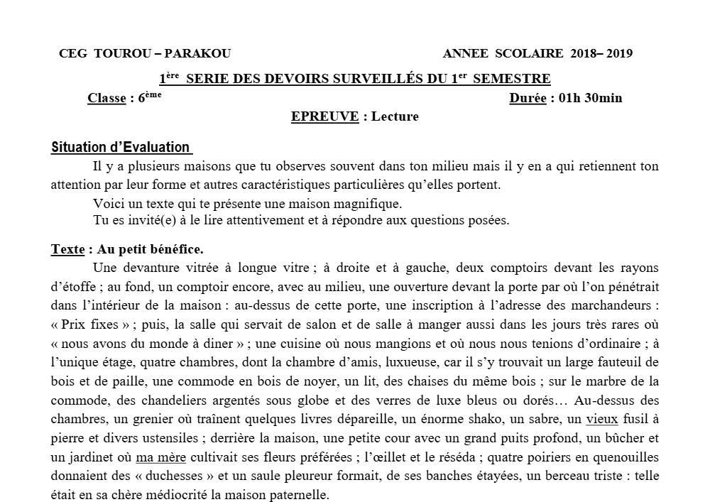 Aperçu de la première page — Lecture 6e Devoir 1 Semestre 1 CEG Tourou 2018 2019