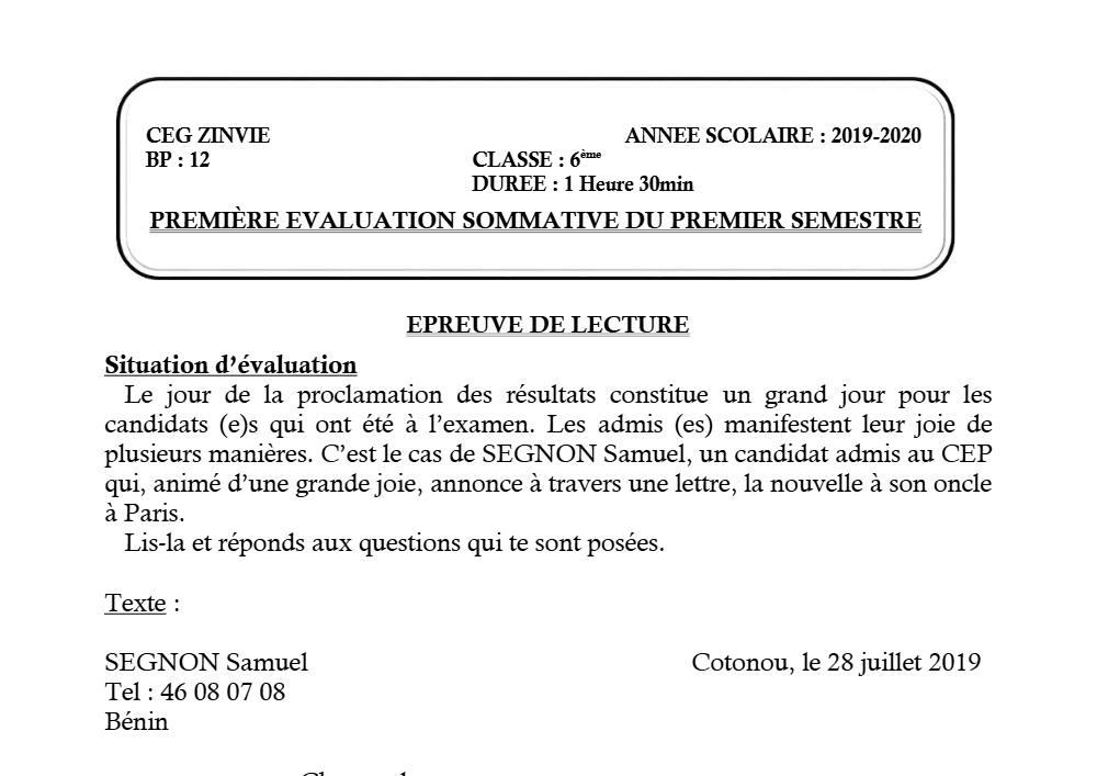 Aperçu de la première page — Lecture 6e Devoir 1 Semestre 1 CEG Zinvié 2019 2020