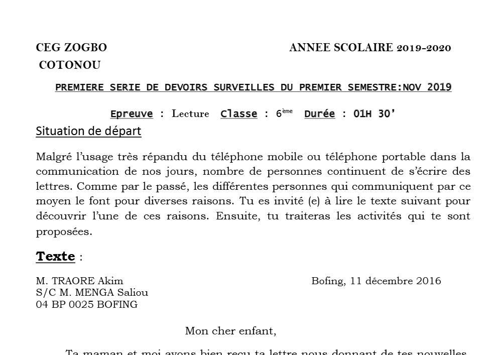 Aperçu de la première page — Lecture 6e Devoir 1 Semestre 1 CEG Zogbo 2019 2020