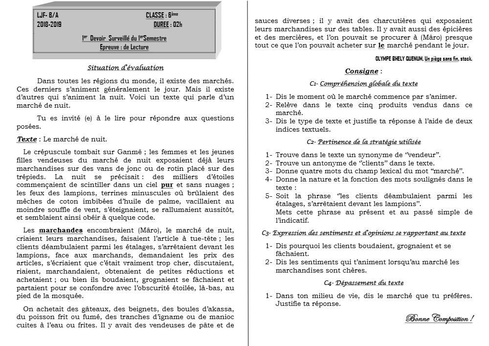 Aperçu de la première page — Lecture 6e Devoir 1 Semestre 1 Ljf Ba 2018 2019