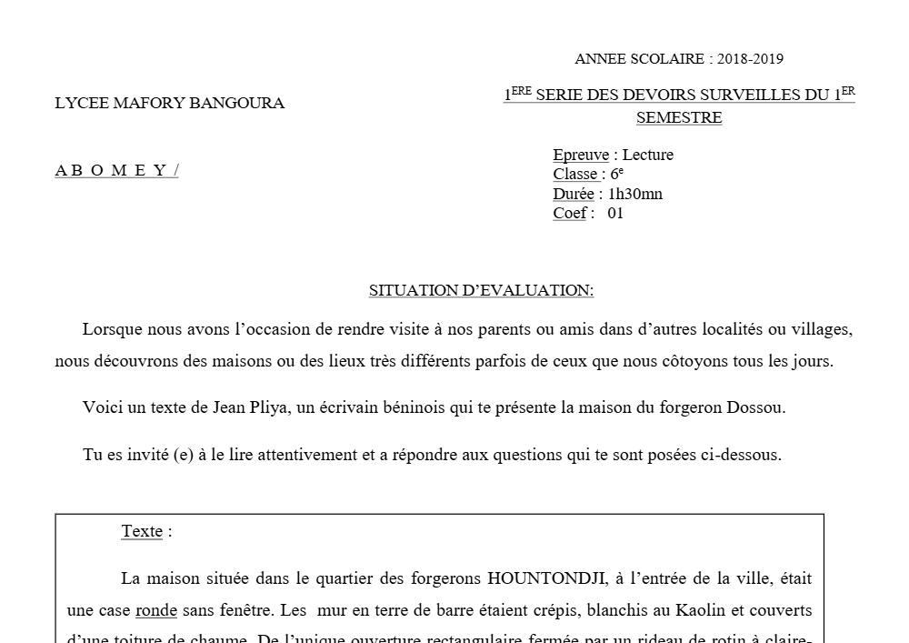 Aperçu de la première page — Lecture 6e Devoir 1 Semestre 1 Lycée Mafory Bangoura 2018 2019