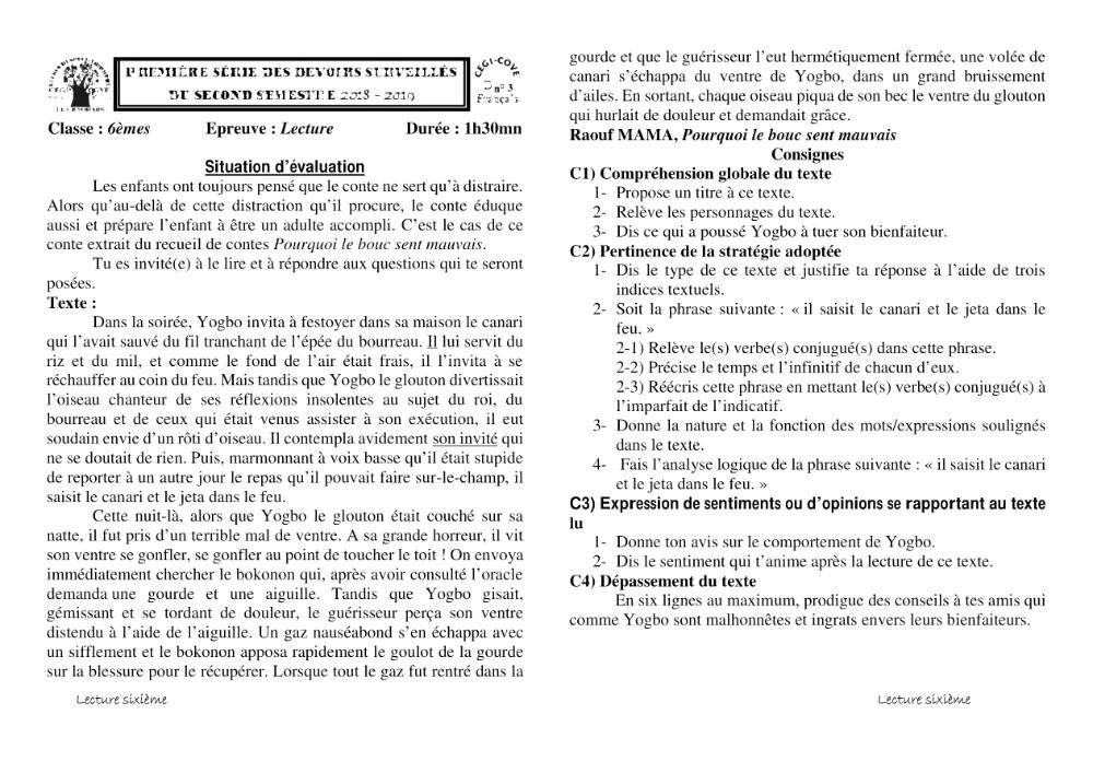 Aperçu de la première page — Lecture 6e Devoir 1 Semestre 2 CEG1 Cove 2018 2019