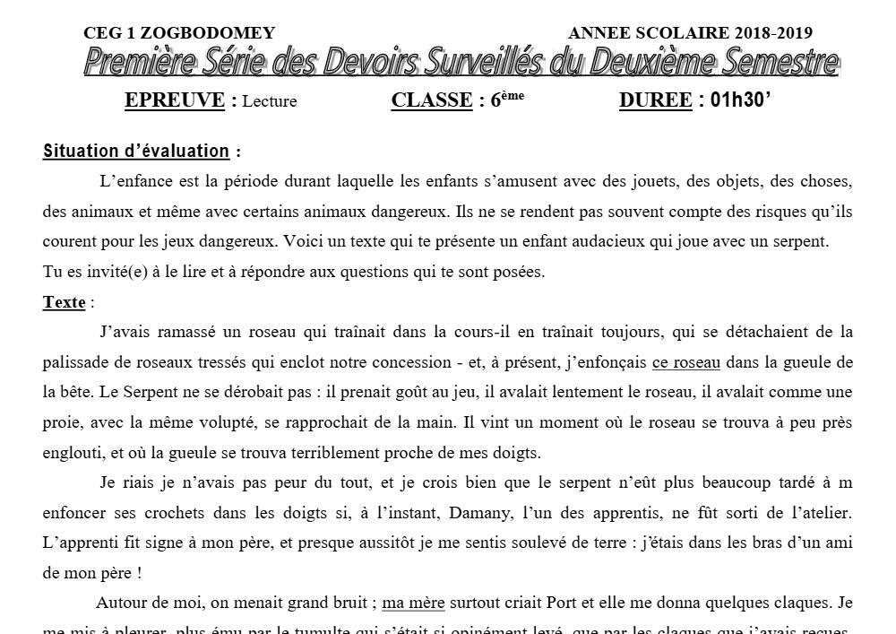 Aperçu de la première page — Lecture 6e Devoir 1 Semestre 2 CEG1 Zogbodomey 2018 2019