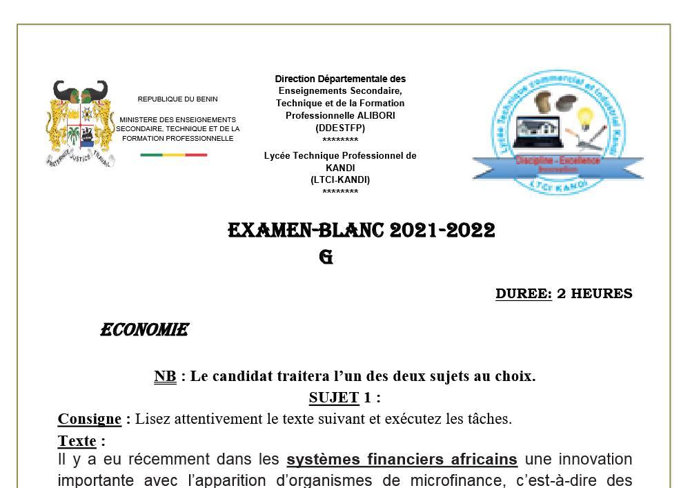 Aperçu de la première page — G1 G2 G3 - Examen blanc Terminale (Tle) - Économie