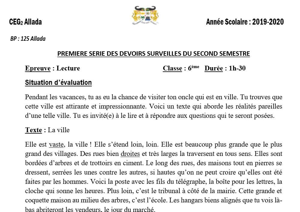 Aperçu de la première page — Lecture 6e Devoir 1 Semestre 2 CEG2 Allada 2019 2020