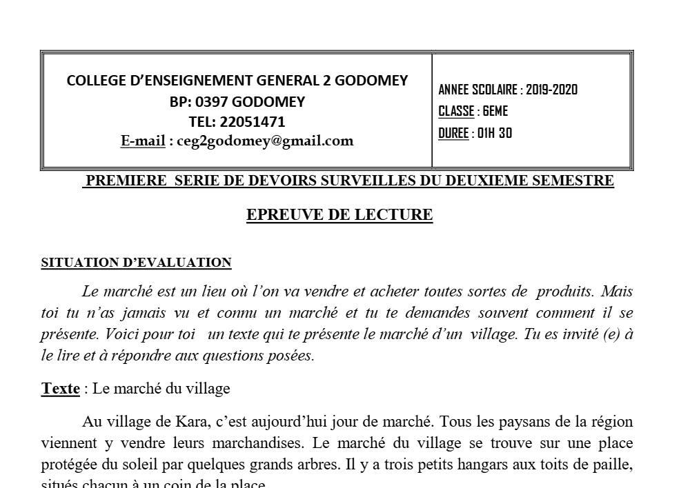 Aperçu de la première page — Lecture 6e Devoir 1 Semestre 2 CEG2 Godomey 2019 2020