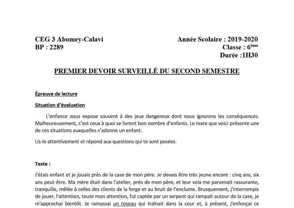 Aperçu de la première page — Lecture 6e Devoir 1 Semestre 2 CEG3 Abomey Calavi 2019 2020