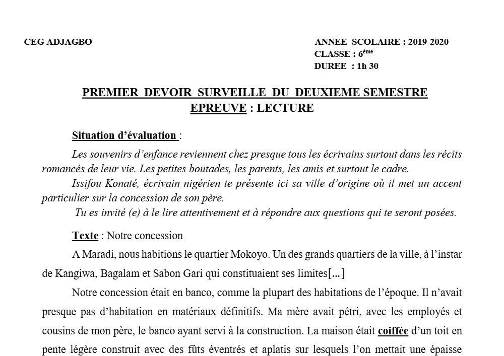 Aperçu de la première page — Lecture 6e Devoir 1 Semestre 2 CEG Adjagbo 2019 2020