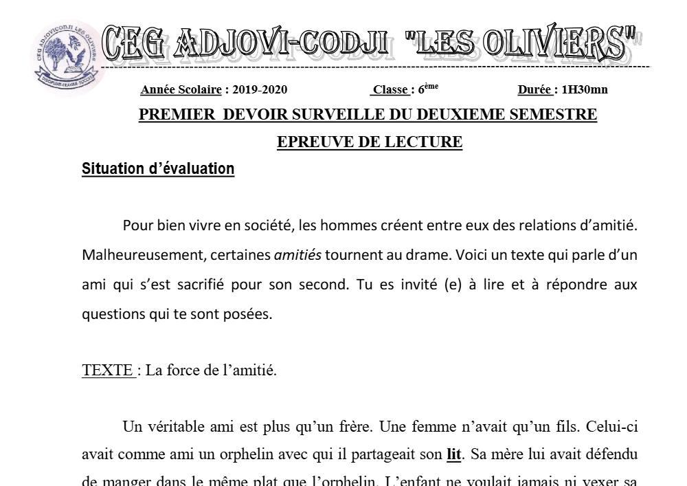 Aperçu de la première page — Lecture 6e Devoir 1 Semestre 2 CEG Adjovi Codji 2019 2020