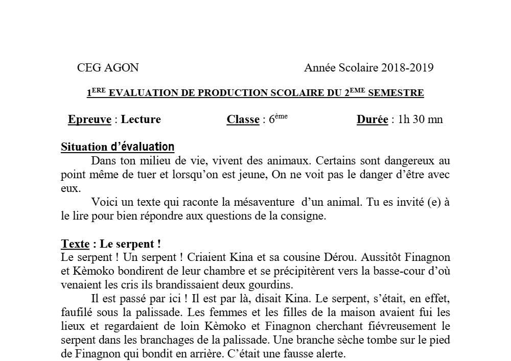 Aperçu de la première page — Lecture 6e Devoir 1 Semestre 2 CEG Agon 2018 2019