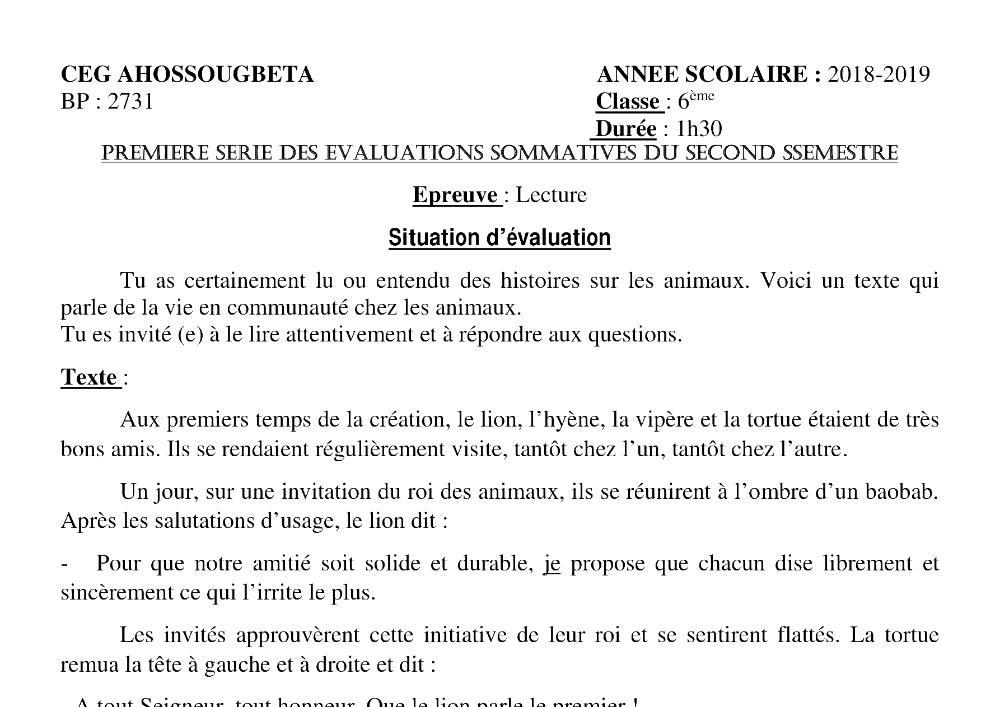 Aperçu de la première page — Lecture 6e Devoir 1 Semestre 2 CEG Ahossougbéta 2018 2019