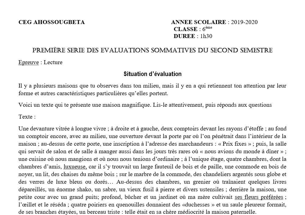 Aperçu de la première page — Lecture 6e Devoir 1 Semestre 2 CEG Ahossougbéta 2019 2020