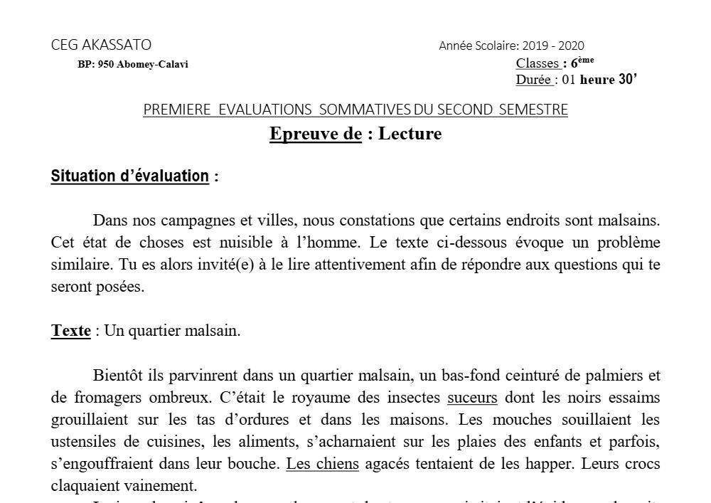 Aperçu de la première page — Lecture 6e Devoir 1 Semestre 2 CEG Akassato 2019 2020