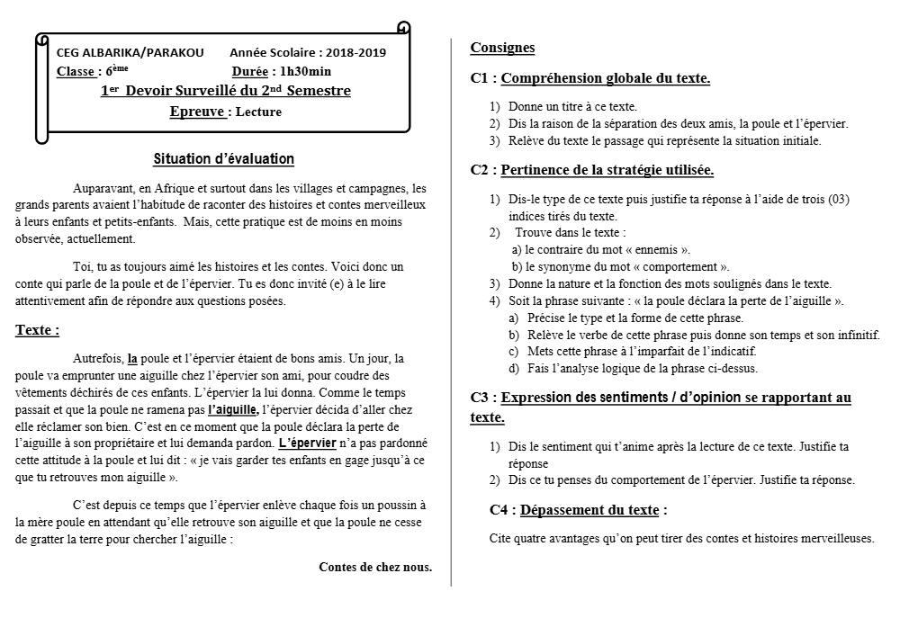 Aperçu de la première page — Lecture 6e Devoir 1 Semestre 2 CEG Albarika 2018 2019