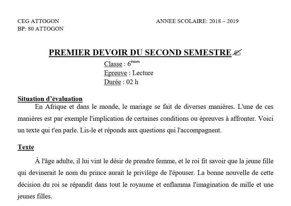 Aperçu de la première page — Lecture 6e Devoir 1 Semestre 2 CEG Attogon 2018 2019