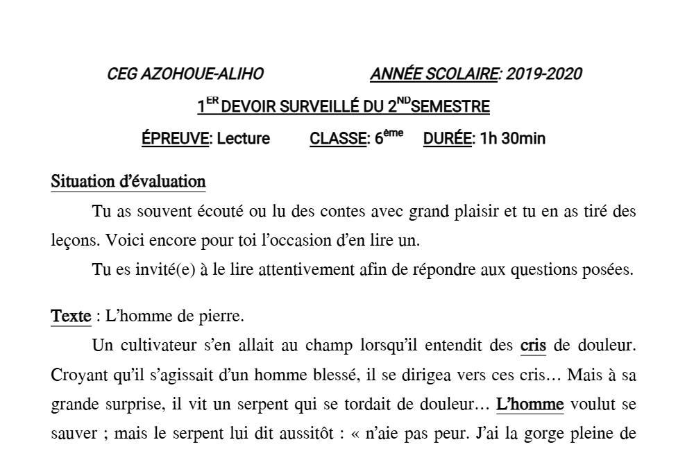 Aperçu de la première page — Lecture 6e Devoir 1 Semestre 2 CEG Azohoue Aliho 2019 2020