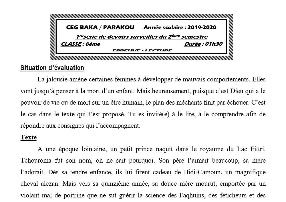 Aperçu de la première page — Lecture 6e Devoir 1 Semestre 2 CEG Baka 2019 2020