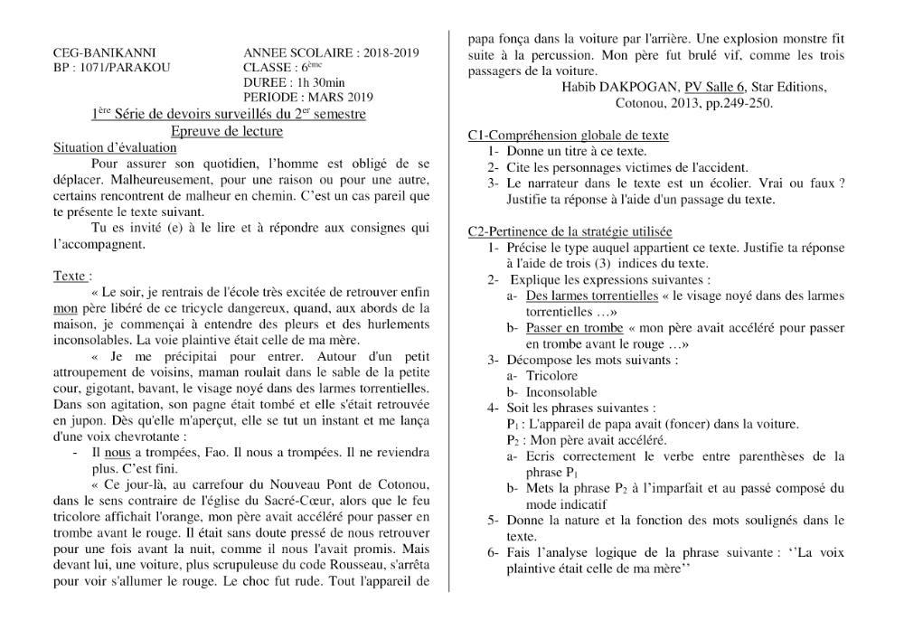 Aperçu de la première page — Lecture 6e Devoir 1 Semestre 2 CEG Banikanni 2018 2019