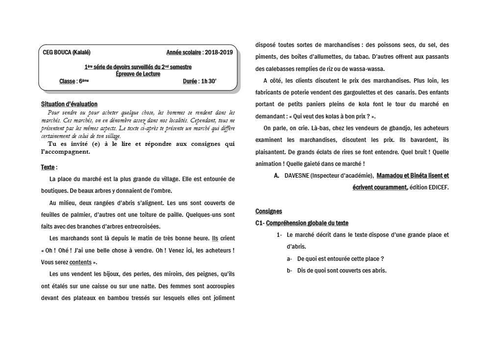 Aperçu de la première page — Lecture 6e Devoir 1 Semestre 2 CEG Bouca 2018 2019