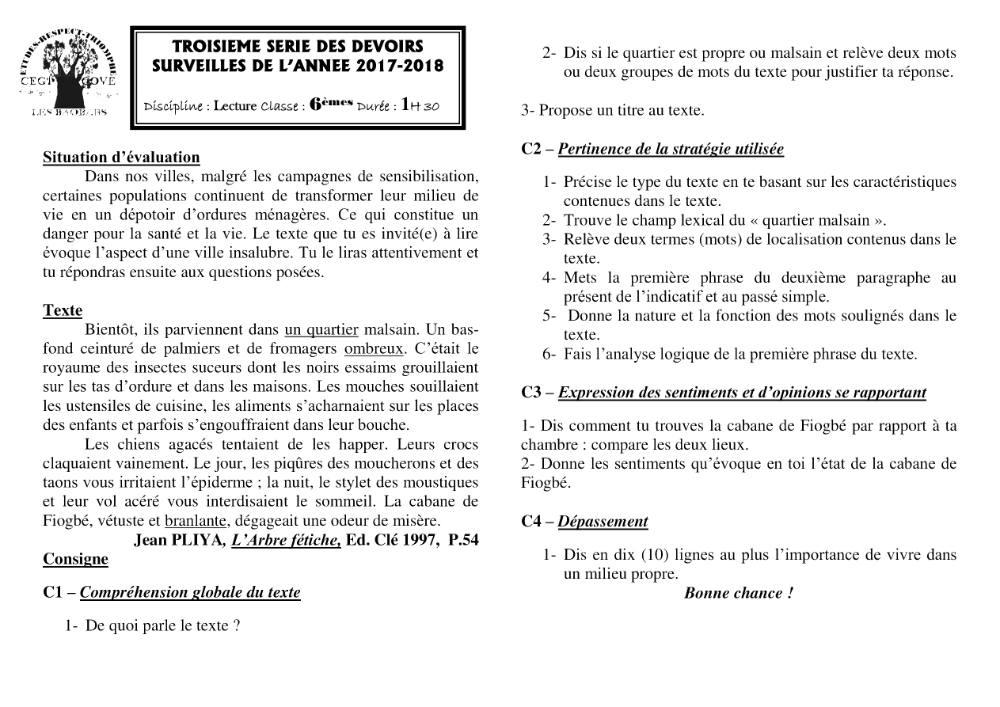 Aperçu de la première page — Lecture 6e Devoir 1 Semestre 2 CEG Cove 2017 2018