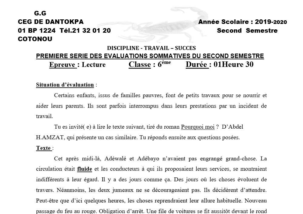 Aperçu de la première page — Lecture 6e Devoir 1 Semestre 2 CEG Dantokpa 2019 2020