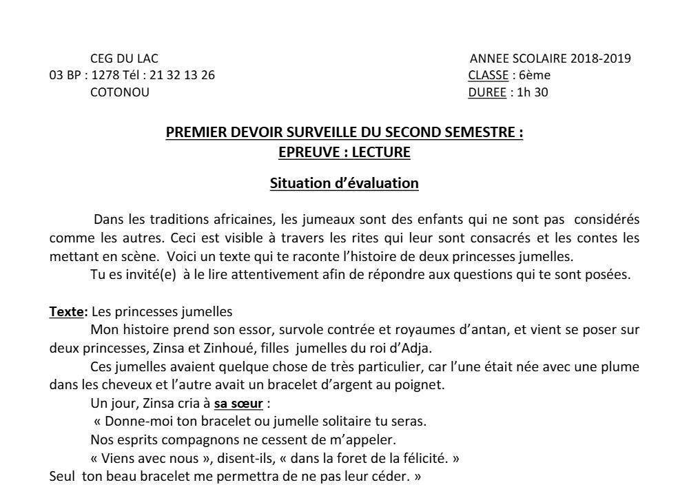 Aperçu de la première page — Lecture 6e Devoir 1 Semestre 2 CEG du Lac 2018 2019