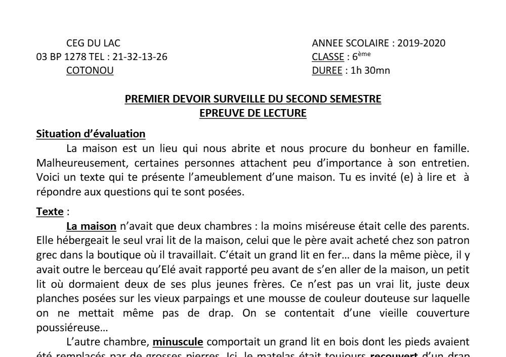 Aperçu de la première page — Lecture 6e Devoir 1 Semestre 2 CEG du Lac 2019 2020