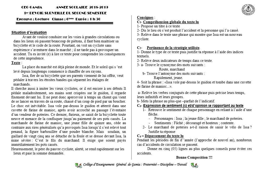 Aperçu de la première page — Lecture 6e Devoir 1 Semestre 2 CEG Gamia 2018 2019