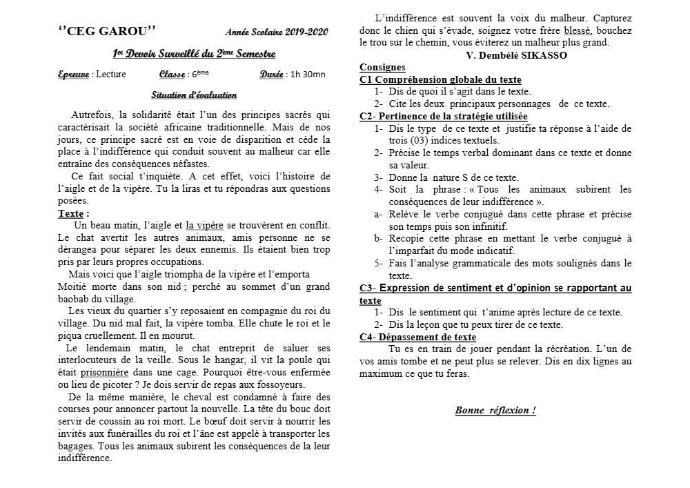 Aperçu de la première page — Lecture 6e Devoir 1 Semestre 2 CEG Garou 2019 2020