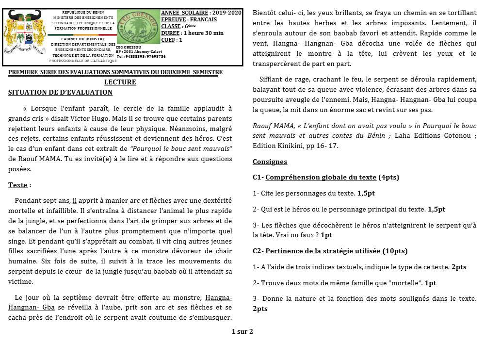 Aperçu de la première page — Lecture 6e Devoir 1 Semestre 2 CEG Gbessou 2019 2020