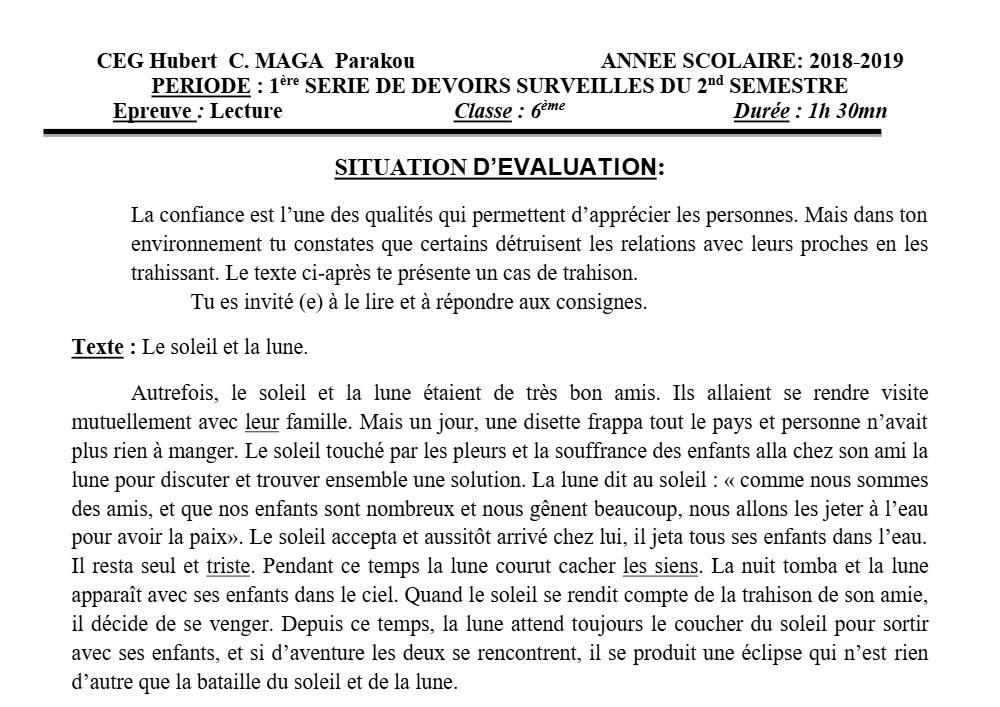 Aperçu de la première page — Lecture 6e Devoir 1 Semestre 2 CEG Hubert C Maga 2018 2019
